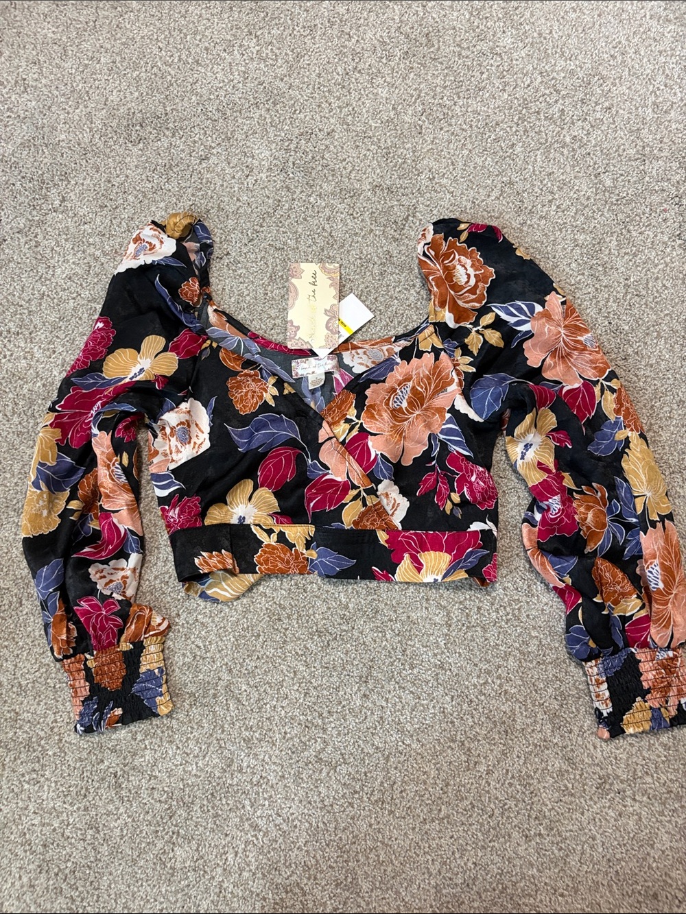 Anthropologie Black Floral Wrap Crop Top - Black Multi